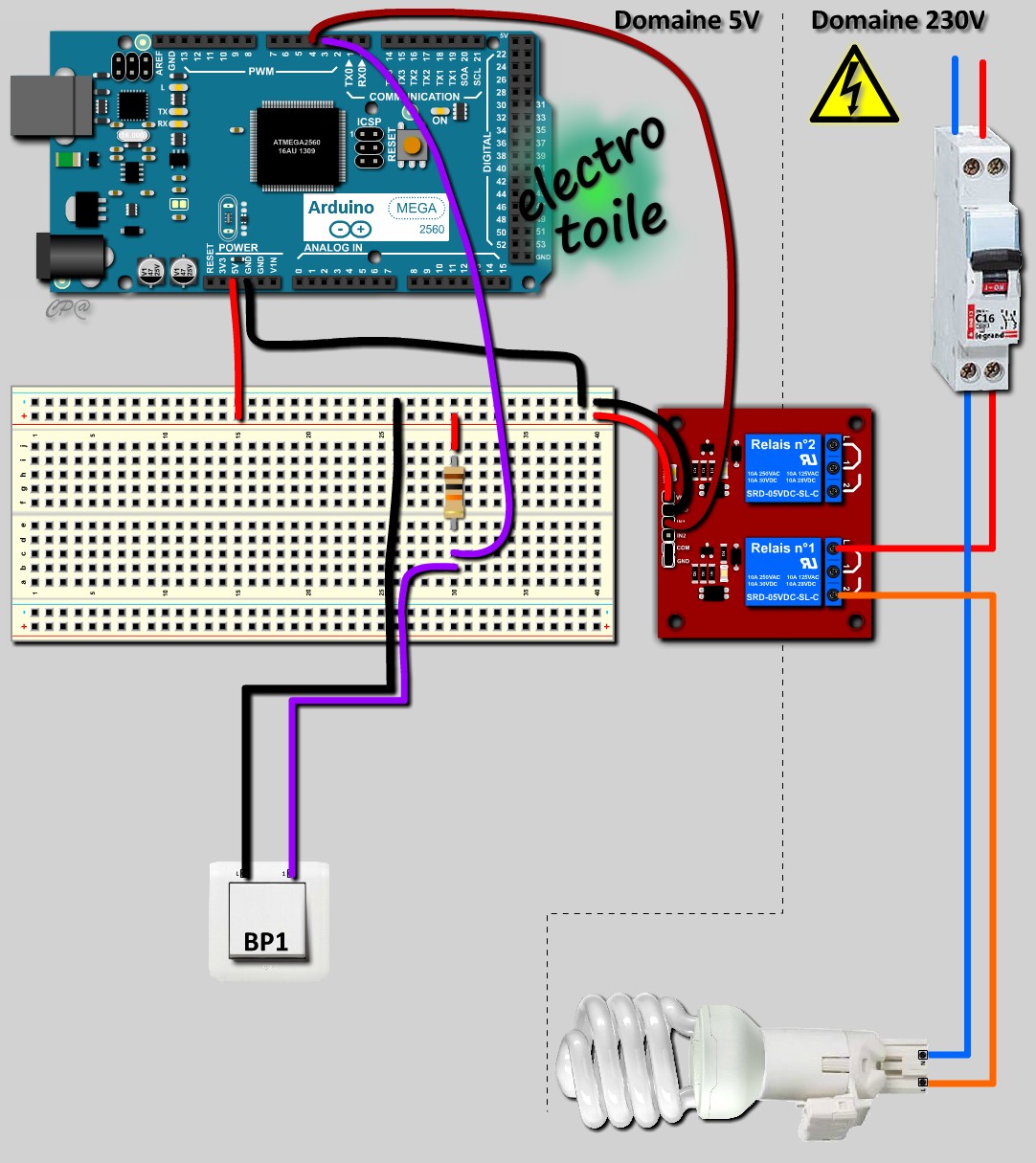 schéma de Raccordement électrique de la carte arduino et du relais 5V / 230V pour commander la lampe en télérupteur