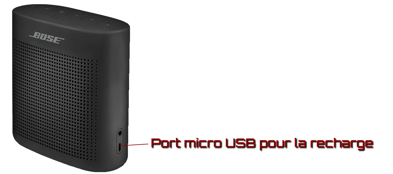 La recharge de l'enceinte Soundlink Color II se fait par le port Micro USB présent sur le côté