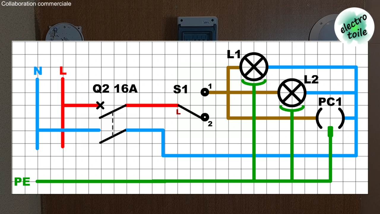 le schéma électrique de l'extension du simple allumage avec deux lampes et une prise de courant