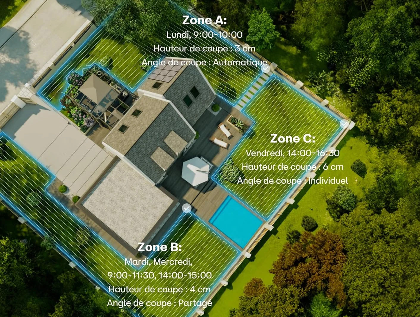 le robot tondeuse RoboUp permet d'ajuster les zones de tonte ainsi que la hauteur de coupe selon un calendrier