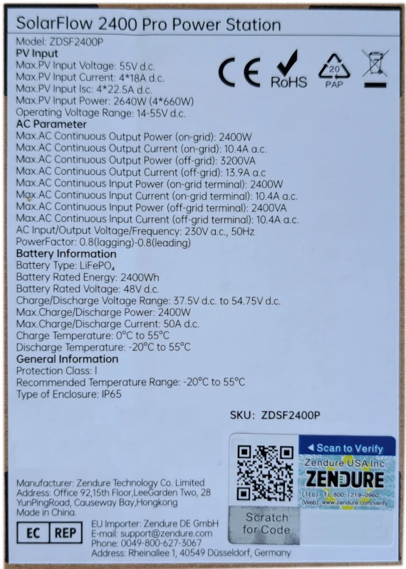 fiche technique du solarflow 2400 PRO de zendure